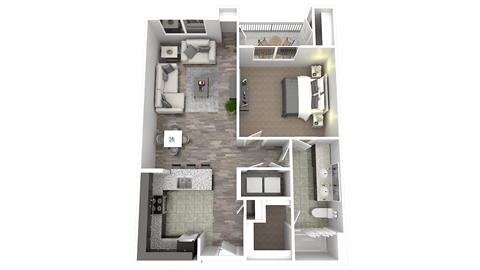 Floor plan for 1 bed, 1 bath, 727 sqft